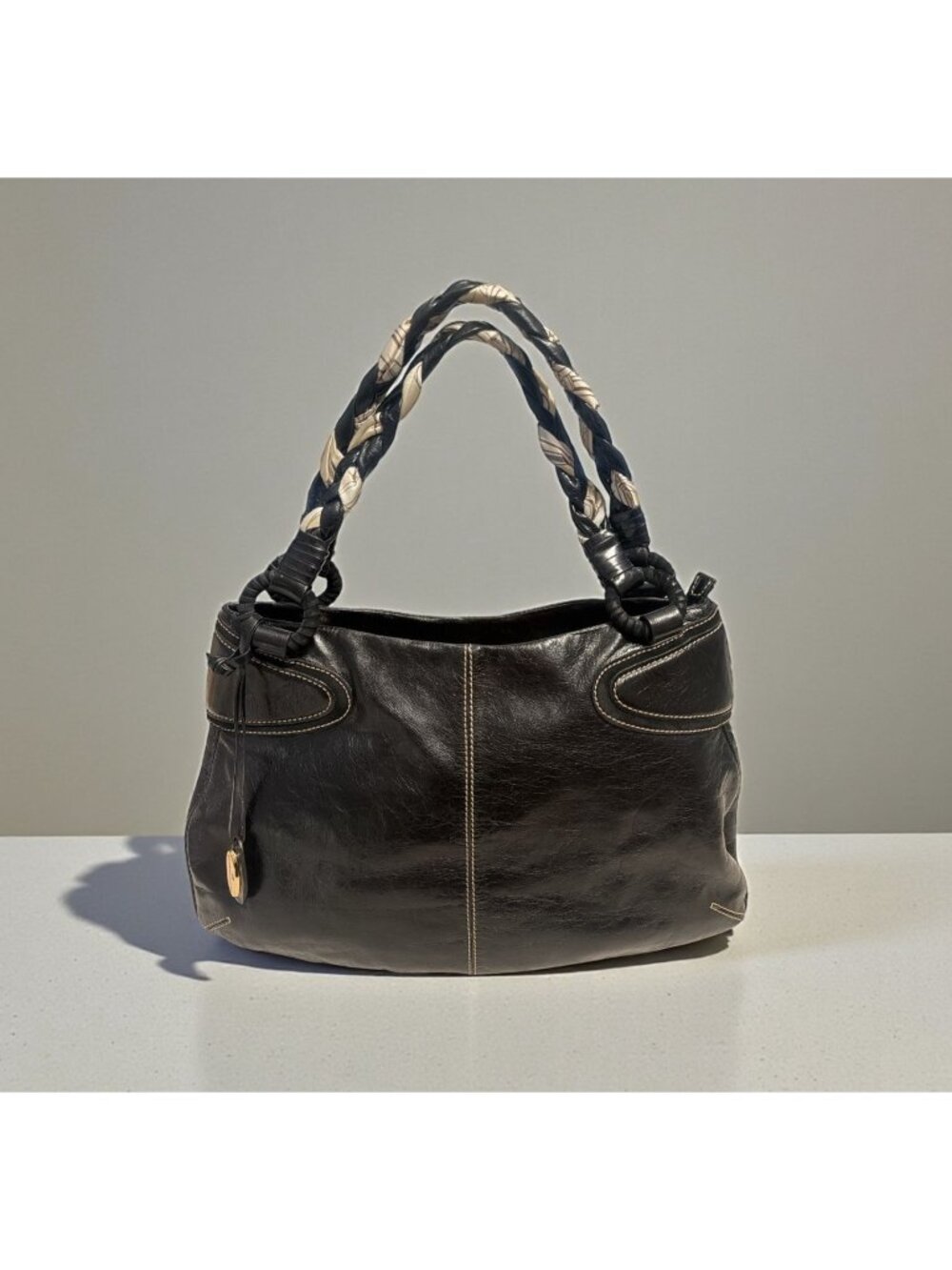 Francesco Biasia Braided Handle Hobo Black Glazed Leather Shoulder Bag Boho